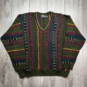 Hyde Park Mens Vintage 3D Knit Sweater V-Neck Green Red Striped 3D Style L